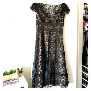 Loft tan lined black lace dress